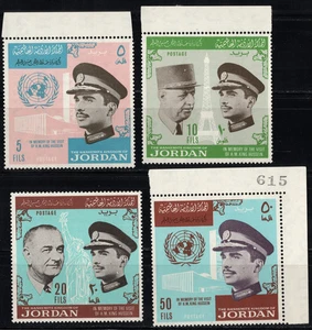 JORDAN 1965 KING HUSSEIN VISIT TO FRANCE & USA,UN,DE GAULLE,JOHNSON 4 STAMPS MNH - Picture 1 of 6