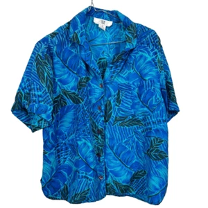 Vintage Illustrations Damen Seide Kurzarm Top Blau Hawaii Print - Bild 1 von 5