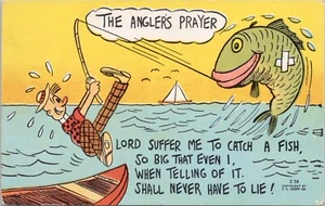 Comic PC Fishing Scene "The Angler's Prayer" Exaggeration Fish c. 1940s - Picture 1 of 2