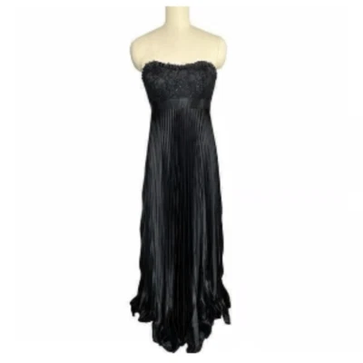 Badgley Mischka Black Satin Lace Pleated Gown | Size6 - Image 1 of 4