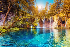 Fotomural de fieltro CASCADA (3640S) río lago bosque roca arroyo flores sol - Imagen 1 de 1