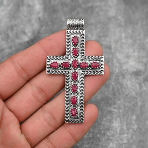 Ruby Gemstone Cross Pendant 925 Sterling Silver Handmade Jewelry Birthday Gift - Picture 1 of 5