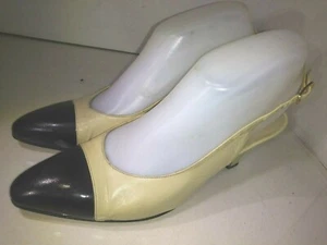 Salvatore Ferragamo Beige Leather Black Cap toe Pumps Ankle Strap Womens Sz 7 AA - Picture 1 of 9