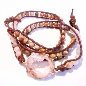 Beaded Gemstone and Leather Wrap Bracelet - Picture 1 of 5