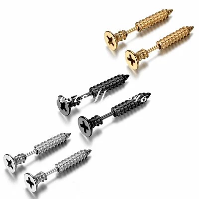 Mens Stainless Steel Punk Hip-hop Rock Screw Spike Rivet Nail Piercing Ear Studs - Image 1 of 4