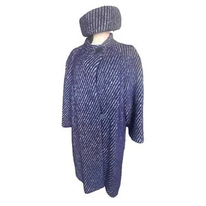 Vintage Purple Tweed Heavy Overcoat and Pillbox Hat Set - M/L - Picture 1 of 11
