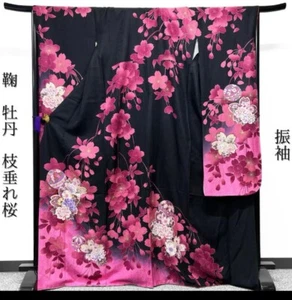 Kimono Japonés FURISODE.Seda Pura.Negro Rosa 170cm.Solo kimono - Imagen 1 de 5