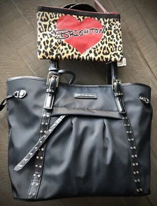 Brighton Sydney Black Nylon Leather Studs Tote Shoulder Bag & Leopard Pouch NWT - Picture 1 of 20
