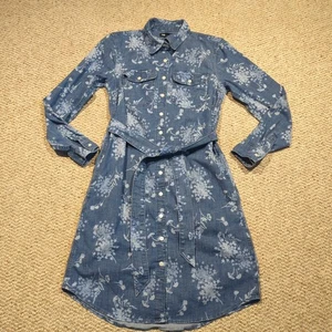 Lands End Denim Shirt Dress Womens XS 2-4 Floral Long Sleeve Pockets Belted - Picture 1 of 7