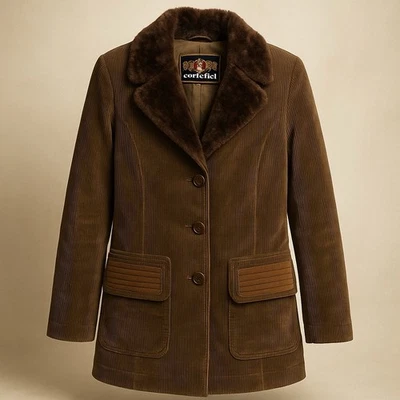 Vintage Cortefiel Corduroy Coat Womens EU 44 US L Brown Faux Fur Collar Spain Su - Image 1 of 4