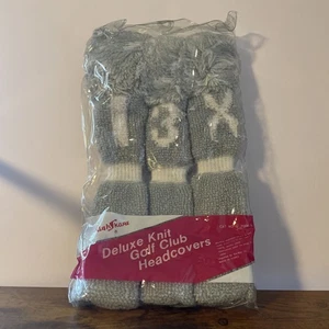 Deluxe Knit Pom Pom Style Golf Club Headcover Set 1 3 5 X White & Gray 1 Set - Picture 1 of 6