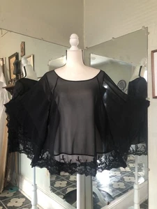 Womens Black EXPRESS Sheer Batwing Blouse Loose Short Sleeve Round Neck Size L - Picture 1 of 13