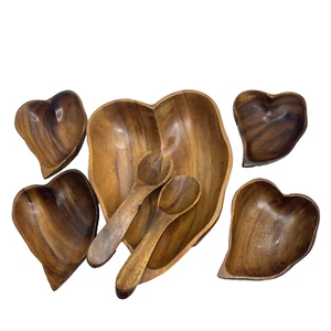 Wooden Heart Shaped Salad bowl Set w/Utensils 4 Bowls Hand Crafted Carved - Picture 1 of 14