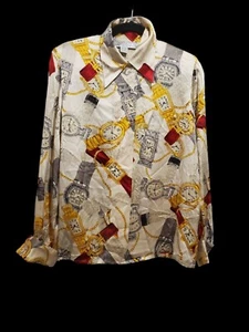 Vintage Starington 100% Silk Button Up Blouse Size 4 Luxury Wristwatches Gold - Picture 1 of 13