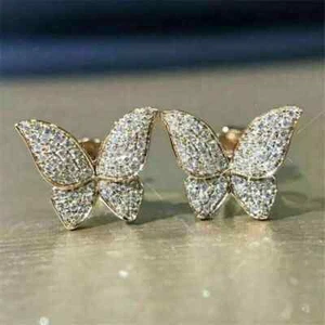 1.80Ct Round Cut Real Moissanite Butterfly Stud Earrings 14K Yellow Gold Plated - Picture 1 of 6