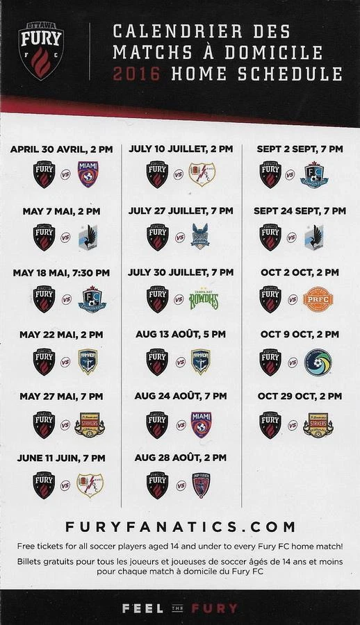 Ottawa Fury FC 2016 NASL Football Soccer Regular Season Magnet Schedule — 第 1/1 张图片