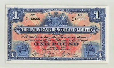 ESCOCIA 1 libra 1940, P-S815c Union Bank, original EF, billete muy bonito. 143666 Foto 1 de 2