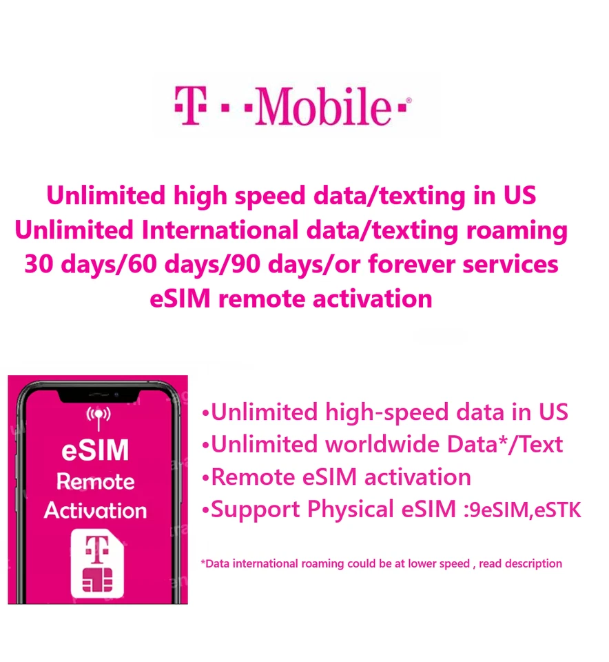T-Mobile USA unlimited data/SMS, unlimited international roaming data/SMS eSIM - Image 1 of 1