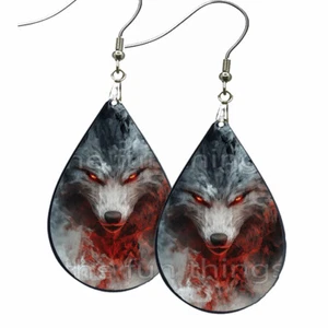 Dark Fantasy Gothic Style Werewolf Dangle Earrings Teardrop NO TARNISH Wood - Picture 1 of 8
