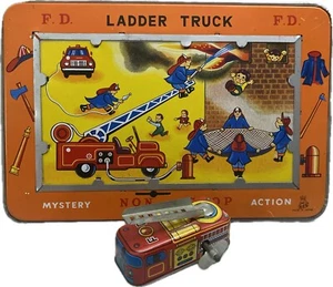 VTG TPS TIN MECHANICAL BUSY F.D. LADDER TRUCK Toy & Plate Frankonia WORKS RARE - Picture 1 of 15