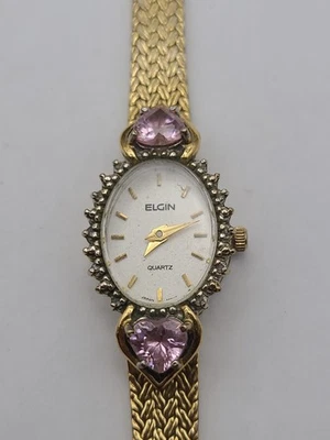 Elgin Women Watch Gold Tone Heart Gem Stone Oval Dial NEW BATTERY Working - Image 1 of 4