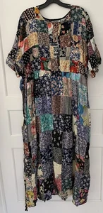 ROSEY TOMATO Patchwork Maxi Dress XL (20) Pearl Accents Multicolor Tie Back Vtg. - Picture 1 of 14