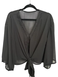 Women’s XL Black Sheer Fairy Grunge Whimsigoth Witchy Tie Front Blouse - Picture 1 of 6