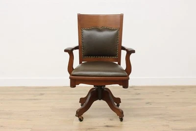 Silla de escritorio de oficina giratoria victoriana antigua de nogal y cuero #39059 Foto 1 de 4