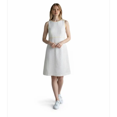 NWT Magaschoni White Cotton Eyelet Leather Trim Sheath Dress Size 6 - Image 1 of 4