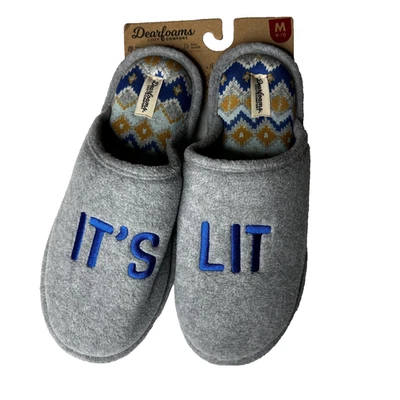 Тапочки Dearfoams плюшевый памяти пены мужчин M (9-10) серый синий "это освещено" новый - Изображение 1 из 4