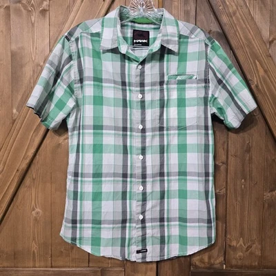 Camisa Tony Hawk Para Hombre Pequeña Manga Corta Abotonada A Cuadros Verde Gris Informal Patín Foto 1 de 4