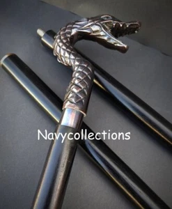 Solid Brass Dragon Head Designer Antique Style Handle Wooden Walking Stick Cane - Picture 1 of 9