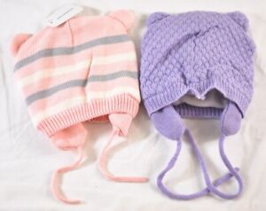 girl's lot of 2 winter hats tie under chin pink & purple ear knit lined warm