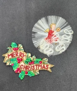 Vtg Spun Glass Angel Ornament and Beaded Merry Christmas Adornment - Bild 1 von 4