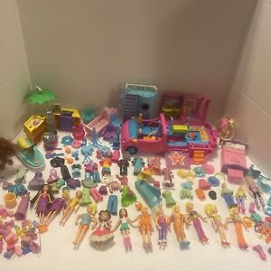Large Lot Of Polly Pocket: Mix Figures, Accessories, Clothes, Car, Bed, Horses