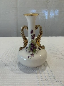Vintage 7” Two Handled Ceramic Vase Purple Violets W/Gold Trim - Picture 1 of 10