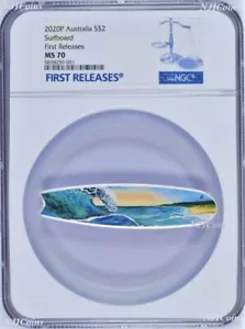 2020 Surfboard 2oz Colored Silver Australia $2 Coin NGC MS 70 FR - Picture 1 of 6