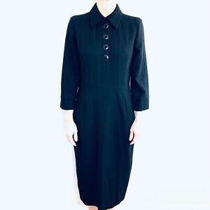 GOAT Size 12 Black Wool Crepe Long Sleeve Collared Midi Dress Designer NWOT