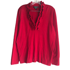 Lauren Ralph Lauren Women's Sweater Plus 1X Red Ruffle Neck Long Sleeve Stretch