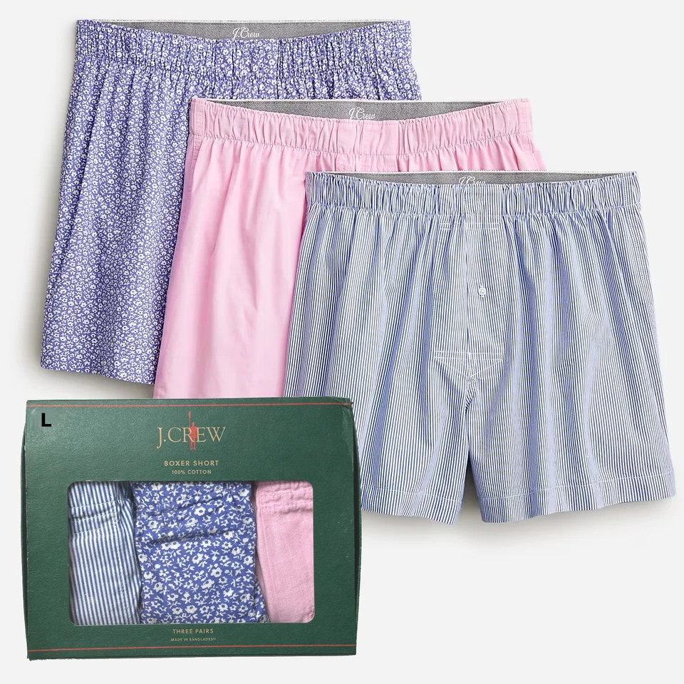 Calzoncillos boxer J Crew para hombre grandes 3 pares azules a rayas florales rosa liso Foto 1 de 4