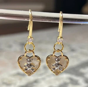 GOLD PLATED HEART SILVER PLATED TEDDY BEAR ON NATURAL SHELL CHARM HOOK EARRINGS - Picture 1 of 2