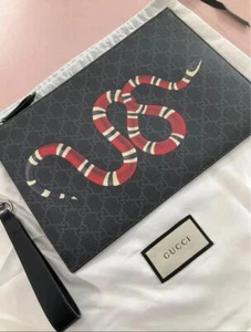 Gucci Clutch Bag Kingsnake Print GG Supreme Canvas Leather Black Grey 30.5x21cm - Picture 1 of 14
