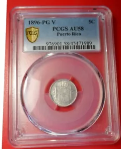 ALFONSO XIII, 5 Centavos, 1896, PUERTO RICO, Certificada PCGS AU58, Ag - Imagen 1 de 3