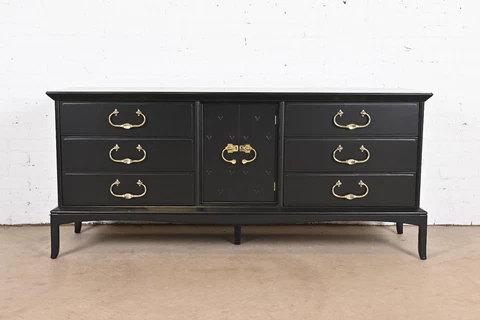 Thomasville Mid-Century Modern Hollywood Regency Black Lacquered Dresser Cover