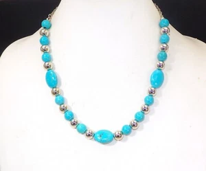 Turquoise stone necklace with shiny silver beads, oval and round stones New - Picture 1 of 7
