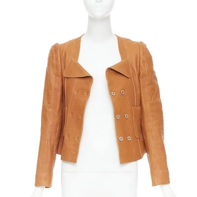 Jaqueta cropped CARVEN 2011 marrom bronzeado couro texturizado seixo gola quadrada FR38 M - Imagem 1 de 4