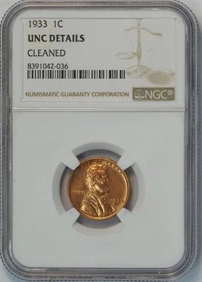 1933 Lincoln Wheat Small Cent UNC DETAILS NGC 1C US COIN PENNY - Image 1 of 4