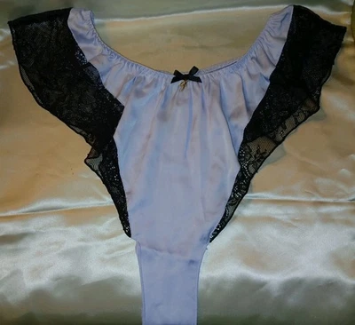 Vintage Fredericks Of Hollywood Blue Silky Satin French Cut Frilly Lace Panties  - Image 1 of 4