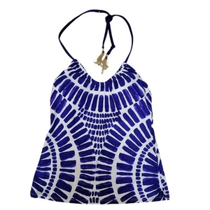 Trina Turk Swim Tankini Top Size 4 Algiers Blue White Halter Gold Tone Tassels - Picture 1 of 7