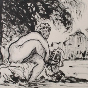 Nudo di donna Susanna bagnante inchiostro disegno paesaggio Fritz Zalisz anni '20 - Foto 1 di 5